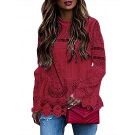 Solid Color Lace Hollow Long Sleeve Blouse For Women