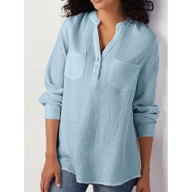 Long Sleeve Solid Color V-neck Loose Blouse For Women