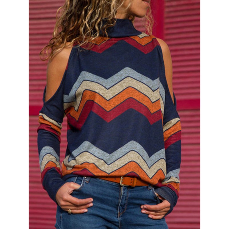 Cold Shoulder Stripe Turtleneck Long Sleeve Blouse For Women