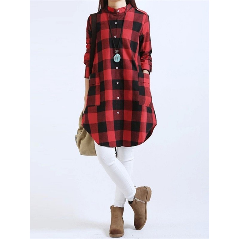 Women Long Sleeve Boyfriend Scottish Plaid Pockets Button Blouses