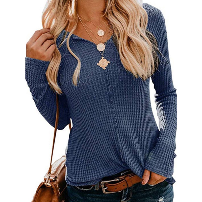 Knitting Solid Color Long Sleeve V-neck Blouse For Women