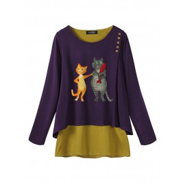 Casual Print Cat Long Sleeve Blouse For Women