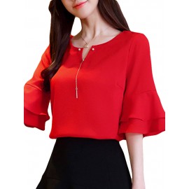 Chiffon Solid Color Bell Sleeve O-neck T-shirt