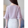 Chiffon Solid Color Bell Sleeve O-neck T-shirt