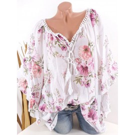 Laces Patchwork Floral Print Bandage Half Sleeve Blouse