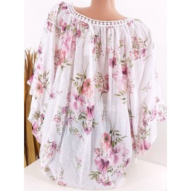 Laces Patchwork Floral Print Bandage Half Sleeve Blouse