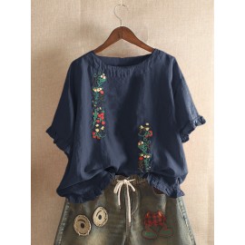 Embroidery Stringy Selvedge Short Sleeve Vintage Blouse