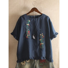 Embroidery Stringy Selvedge Short Sleeve Vintage Blouse