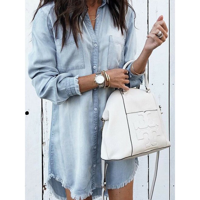 Casual Solid Color Button Long Sleeve Denim Blouse