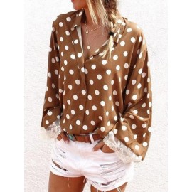 Lace Patchwork Polka Dot Long Sleeve Blouse For Women