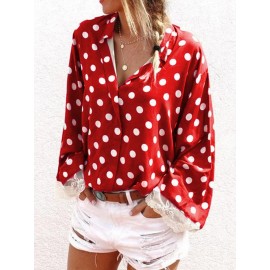 Lace Patchwork Polka Dot Long Sleeve Blouse For Women