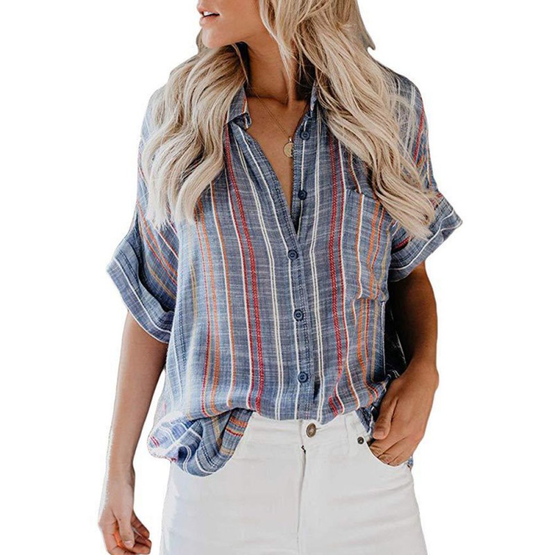 Bohemian Striped Print Button Short Sleeve Casual Blouse