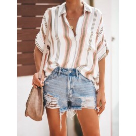 Bohemian Striped Print Button Short Sleeve Casual Blouse