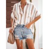 Bohemian Striped Print Button Short Sleeve Casual Blouse