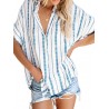 Bohemian Striped Print Button Short Sleeve Casual Blouse