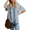 Bohemian Striped Print Button Short Sleeve Casual Blouse