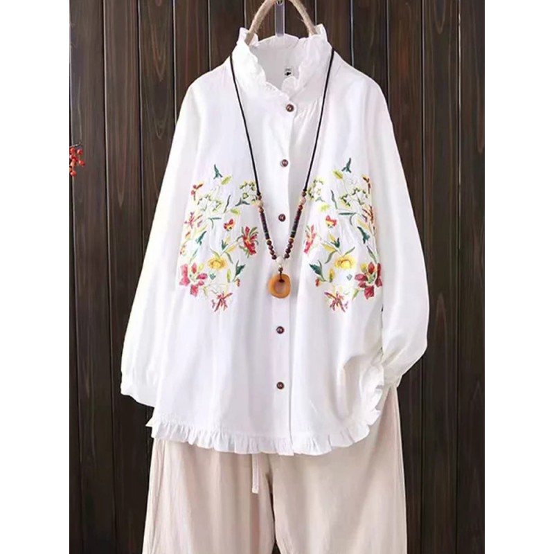 Casual Embroidery Ruffles Button Blouse