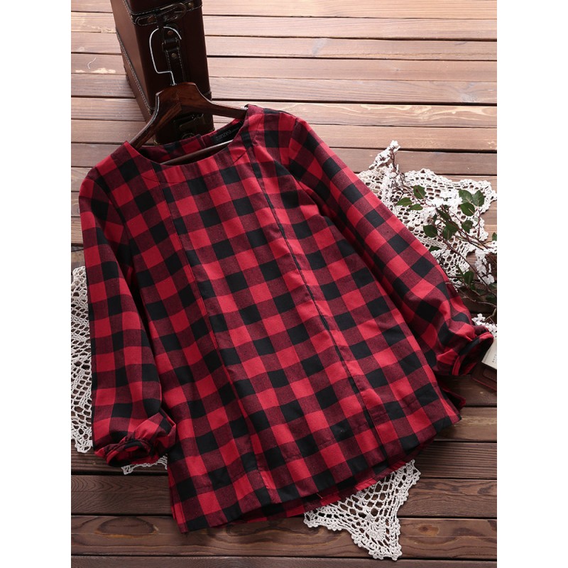 Women Check Plaid Long Sleeve Irregular Hem Loose Blouses