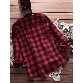 Women Check Plaid Long Sleeve Irregular Hem Loose Blouses