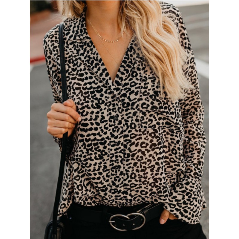 Leopard Trumpet Long Sleeve V-neck Loose Women Blouse