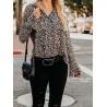 Leopard Trumpet Long Sleeve V-neck Loose Women Blouse