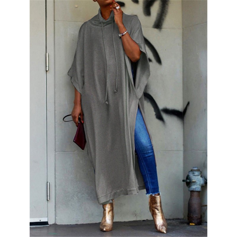 Vintage Solid Color Pile Collar Side Slit Maxi Shirt