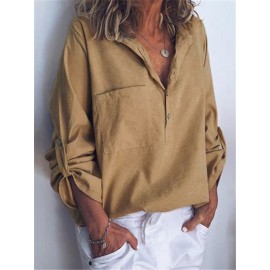 Chic Solid Color V Neck Pockets Long Sleeve Blouse