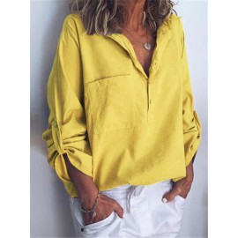 Chic Solid Color V Neck Pockets Long Sleeve Blouse