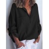 Chic Solid Color V Neck Pockets Long Sleeve Blouse