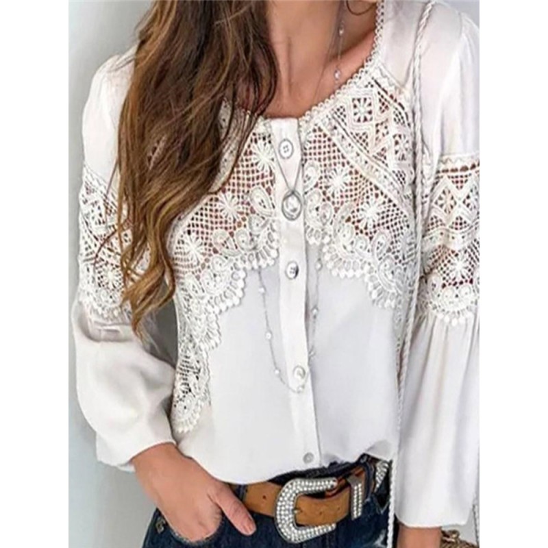 Elegant Lace Stitching Patchwork Puff Sleeve Women Blouse