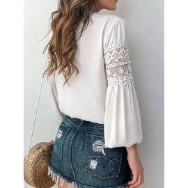 Elegant Lace Stitching Patchwork Puff Sleeve Women Blouse