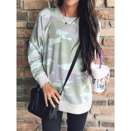 Camouflage Print Long Sleeve O-neck Blouse For Women