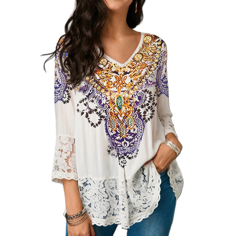 Chic Print Lace V-neck 3/4 Sleeve Blouse