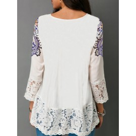 Chic Print Lace V-neck 3/4 Sleeve Blouse