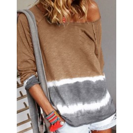 Strip Patchwork Long Sleeve O-neck Shirt For Women