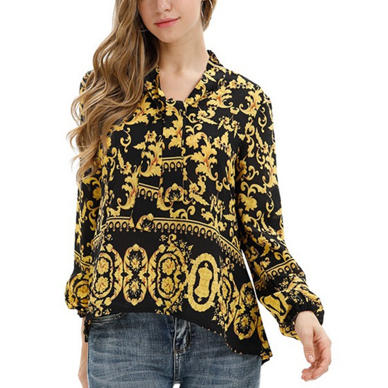 Retro Print Long Sleeve Strap Shirt For Women