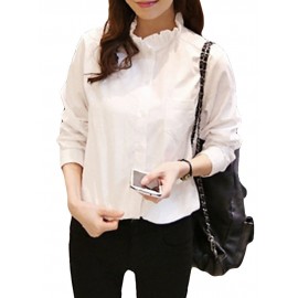 Ruffles Neck Solid Color Long Sleeve Shirt