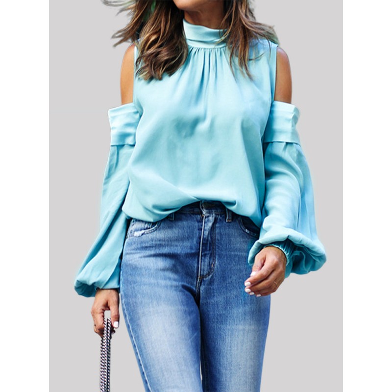 Chic Off The Shoulder Solid Color Half Neck Blouse