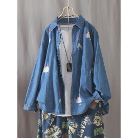 Casual Print Trun-down Collar Button Denim Shirt