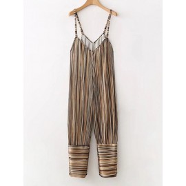 Casual Stripe Spaghetti Strap Loose V-neck Harem Jumpsuits