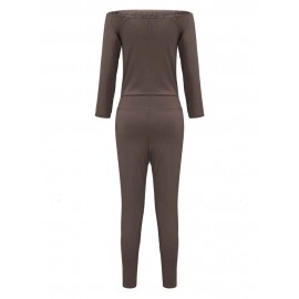 Off Shoulder Solid Long Sleeve Sexy Women  Bodycon Jumpsuit