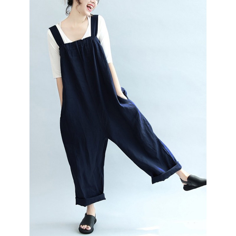 Vintage Pure Color Sleeveless Side Pocket Long Jumpsuits