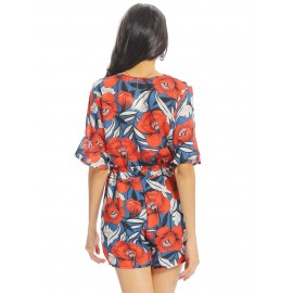 Women Vintage Floral Print V-neck Half Sleeve Short Jumpsuit