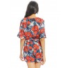 Women Vintage Floral Print V-neck Half Sleeve Short Jumpsuit