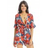 Women Vintage Floral Print V-neck Half Sleeve Short Jumpsuit