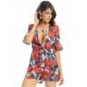 Women Vintage Floral Print V-neck Half Sleeve Short Jumpsuit