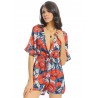 Women Vintage Floral Print V-neck Half Sleeve Short Jumpsuit