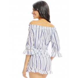 Women Casual Stripe Print Off Shoulder Half Sleeve jumpsuit