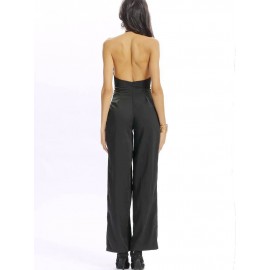 Women Casual Deep V Halter Backless Sleeveless Loose Jumpsuit