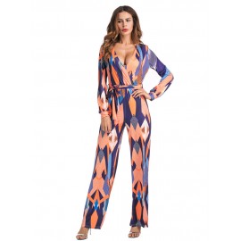 Women Long Sleeve Stripe Printed Belted V-neck Jumpsuits